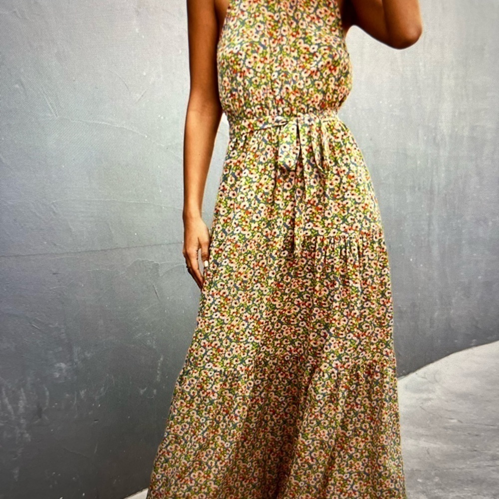 Lapentry Woman Floral Summer Bo-Ho Tie- Waist Yoke Maxi Dress, Size Large